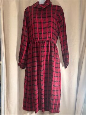 Malcolm Starr Red Plaid Long Sleeve Midi Dress Vintage Silk